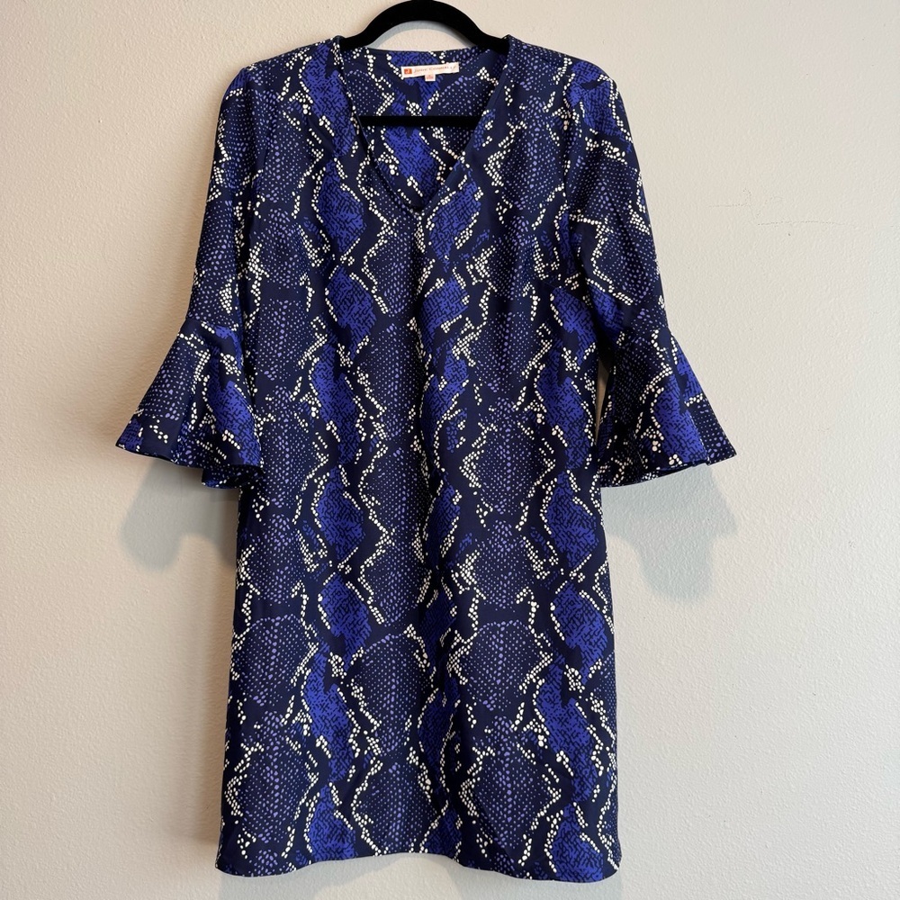 Jude Connally Kerry Blue Snake-Print  Dress Pockets Bell Sleeves Size S Small